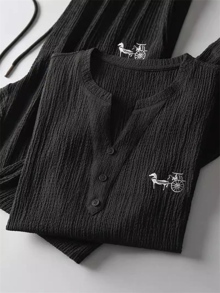 Men's 2Pcs Cool Texture Embroidered Short Sleeve Solid Color Outfits