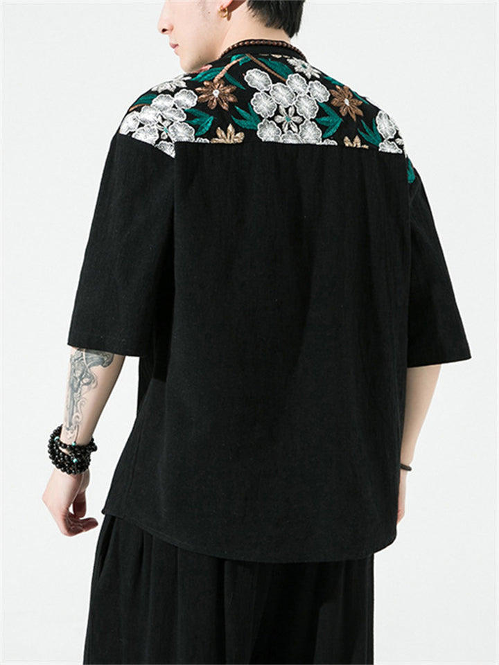 Han Chinese Clothing Stand Collar Short Sleeve Shirt for Men