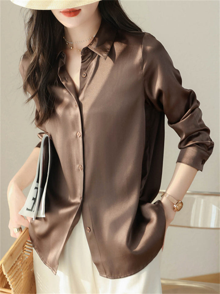 Ladies' Elegant Autumn OL Style Solid Color Long-sleeve Satin Shirts