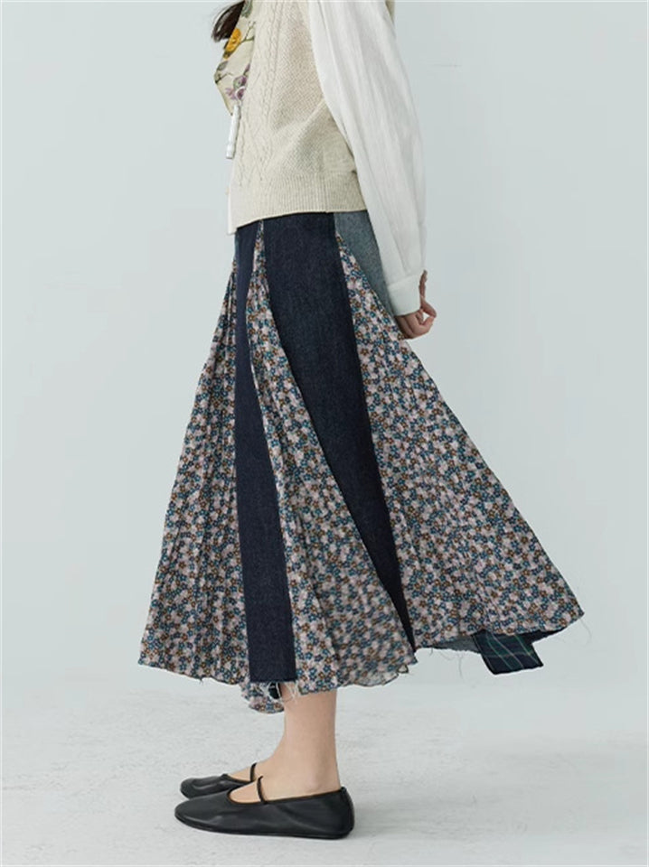 Japanese Style A-Line Patchwork Denim Skirts for Women