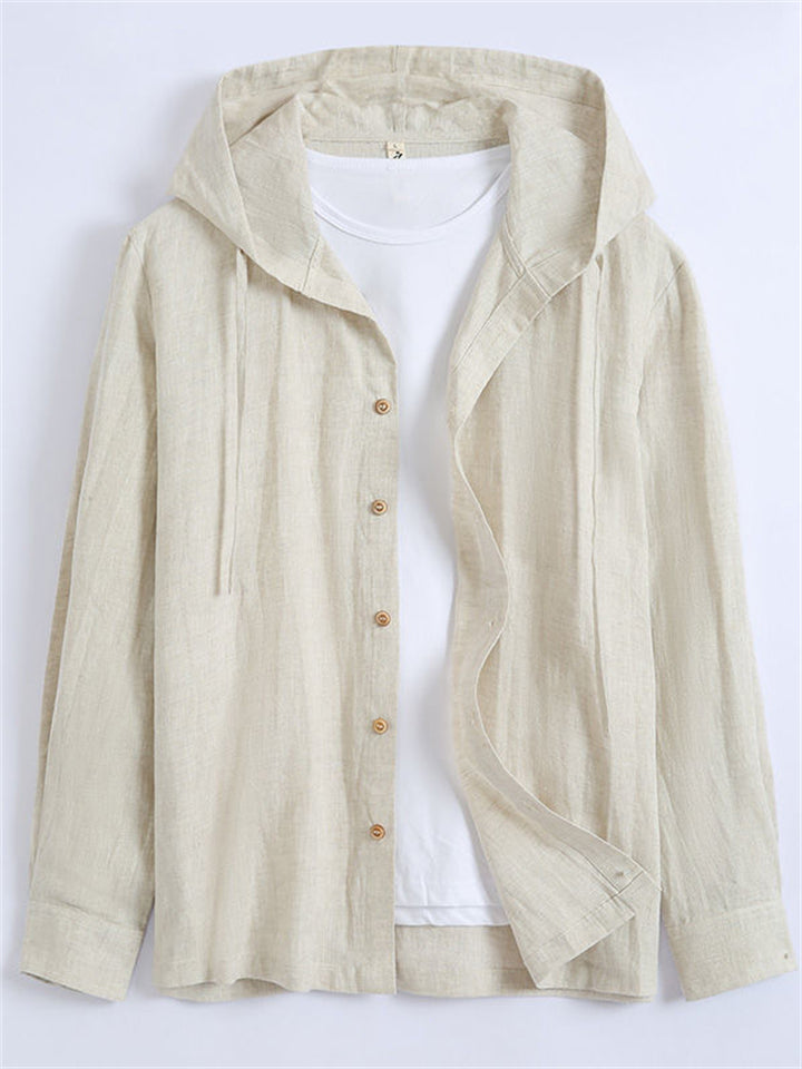 Men's Solid Color Linen Loose Long Sleeve Hooded Shirts