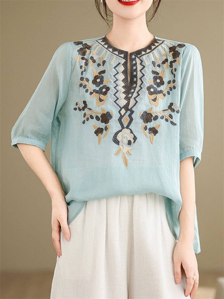 Loose Women's V-Neck Ethnic Style Embroidered Shirts