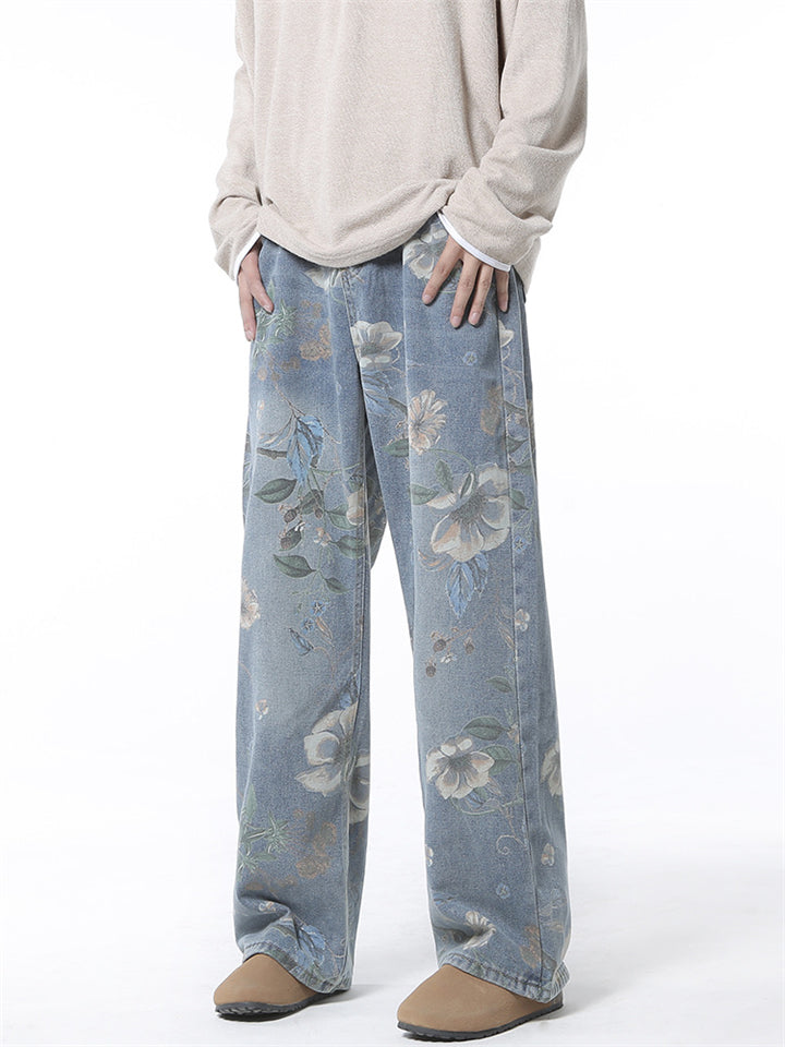 High Street Flowers Print Wide Leg Straight Denim Pants for Men