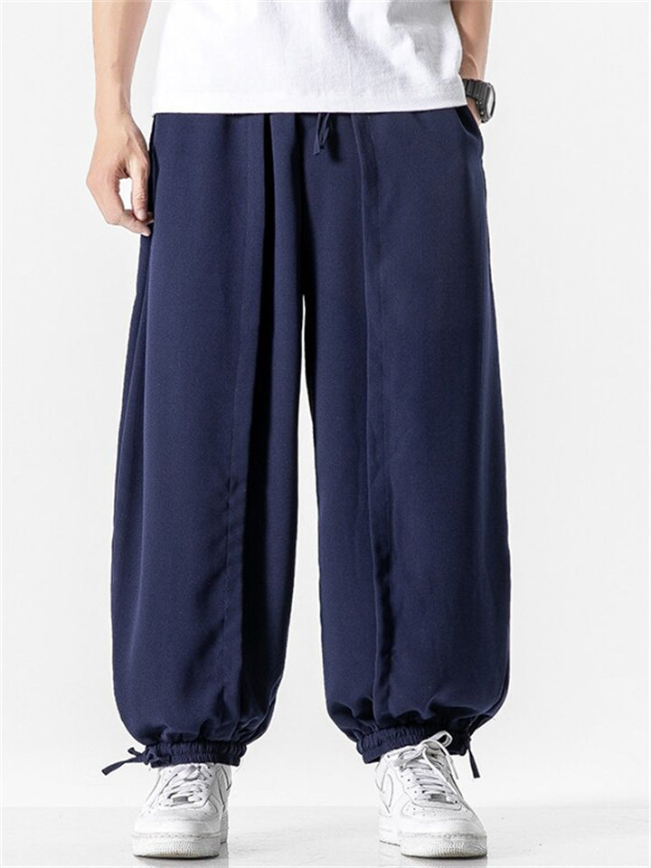 Men's Summer Solid Color Wide Leg Ankle-Tied Bloomers Pants