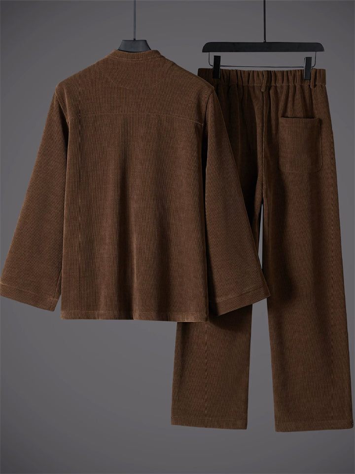 Men's 2Pcs Autumn Cotton Blend Corduroy Frog Button TangSuit Outfit