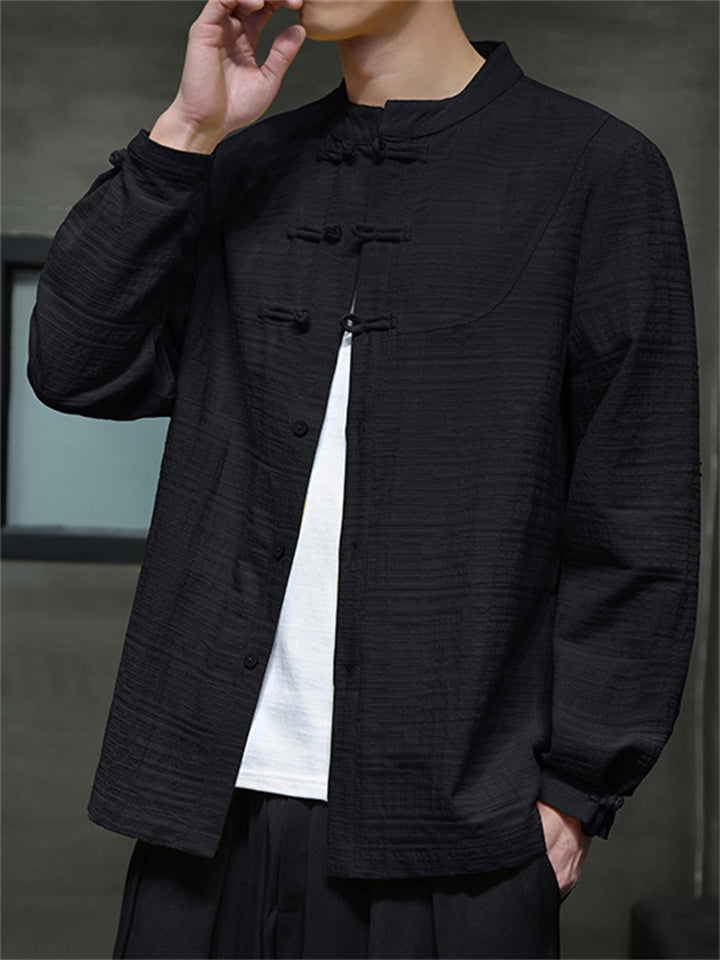 Men's Texture Solid Color Long Sleeve Tang Suit Shirts