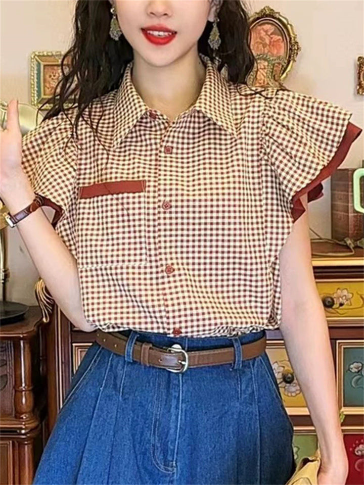 Female's Elegant Retro Plaid Patchwork Lotus Leaf Short-sleeved Shirts