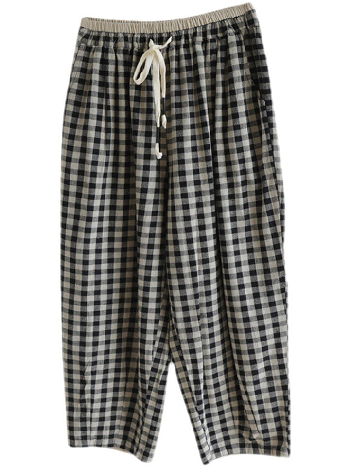 Retro Black & White Plaid Linen Casual Pants for Women