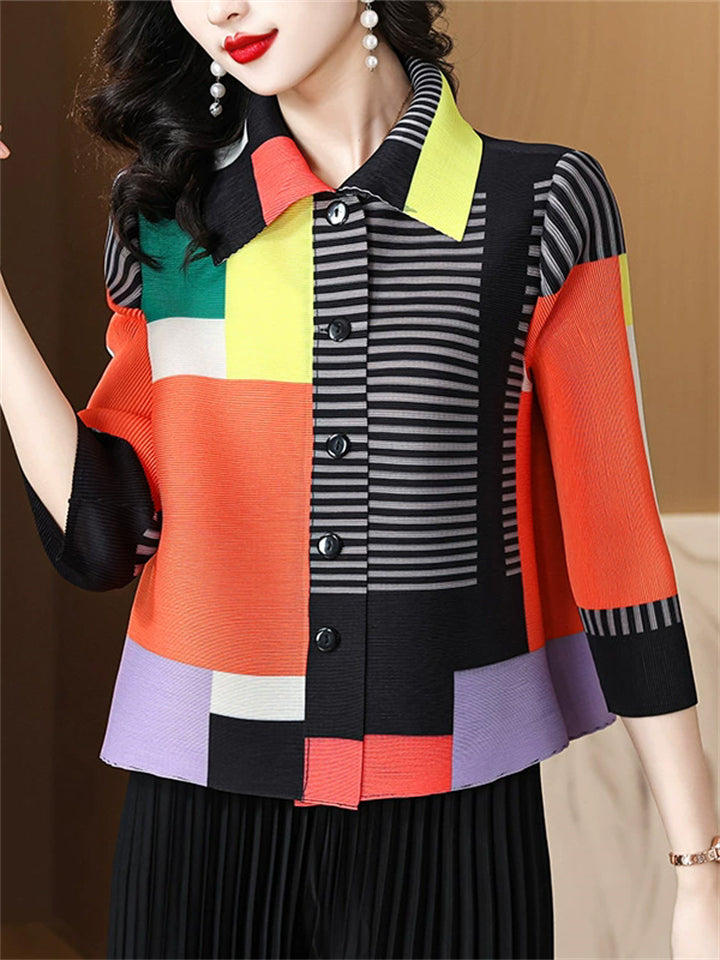 Female's One Size Elegant Striped Contrast Color Lapel 3/4 Sleeve Shirts