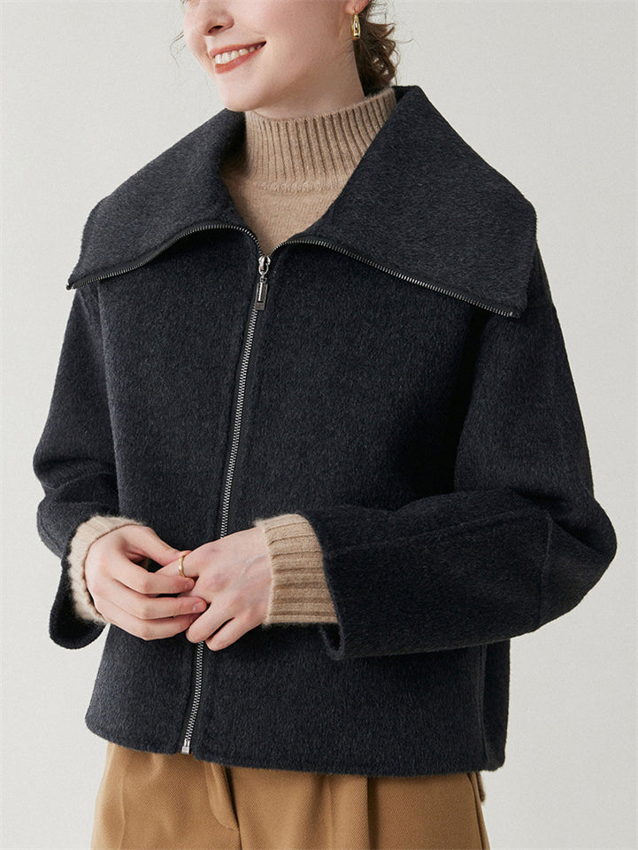 Ladies' Elegant Solid Color Lapel Waist Length Woolen Coats