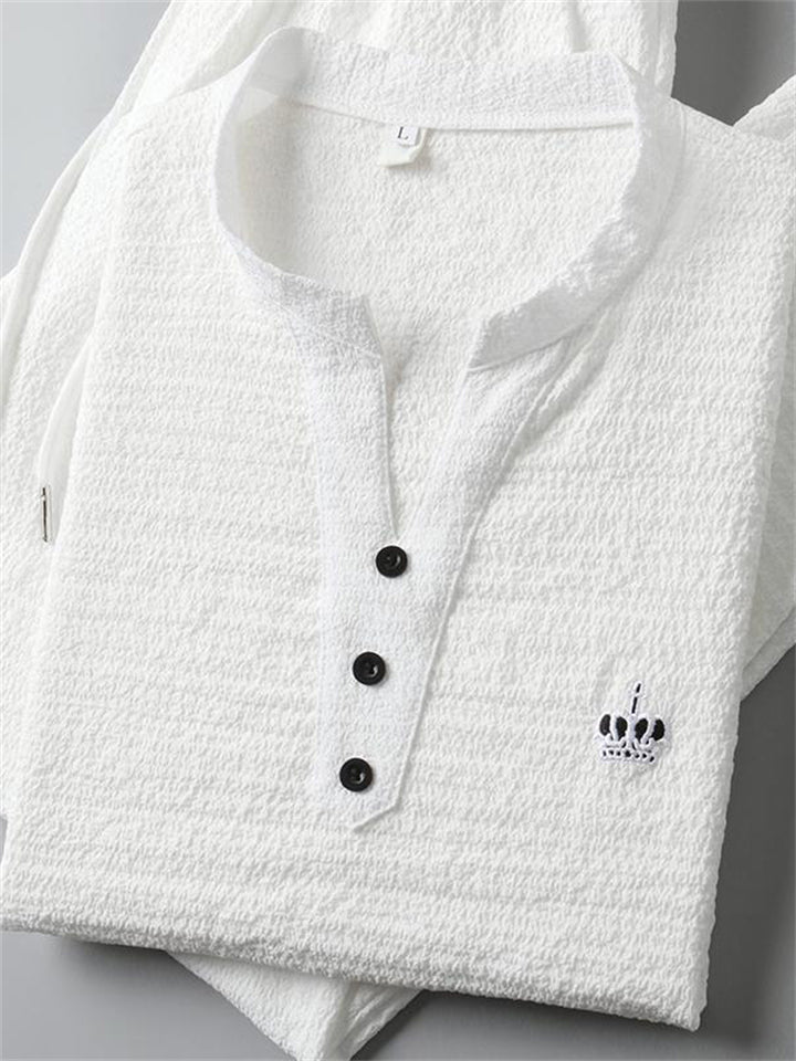 Men's 2Pcs Crown Embroidered V Neck Short Sleeve Solid Color Outfits