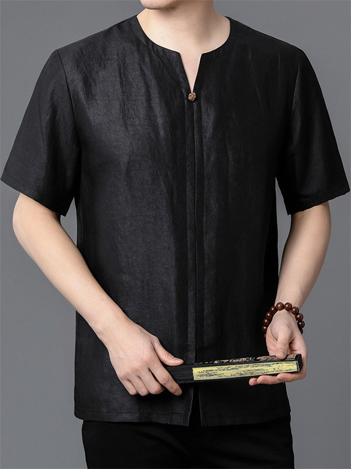 Men's 2Pcs Summer Chinese Style Black Tussah Silk Short Sleeve Tangsuit Outfits