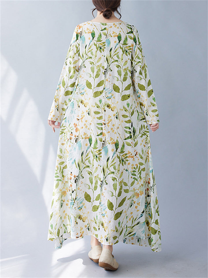 Leaf Floral Print Crew Neck Long Sleeve Dresses for Women