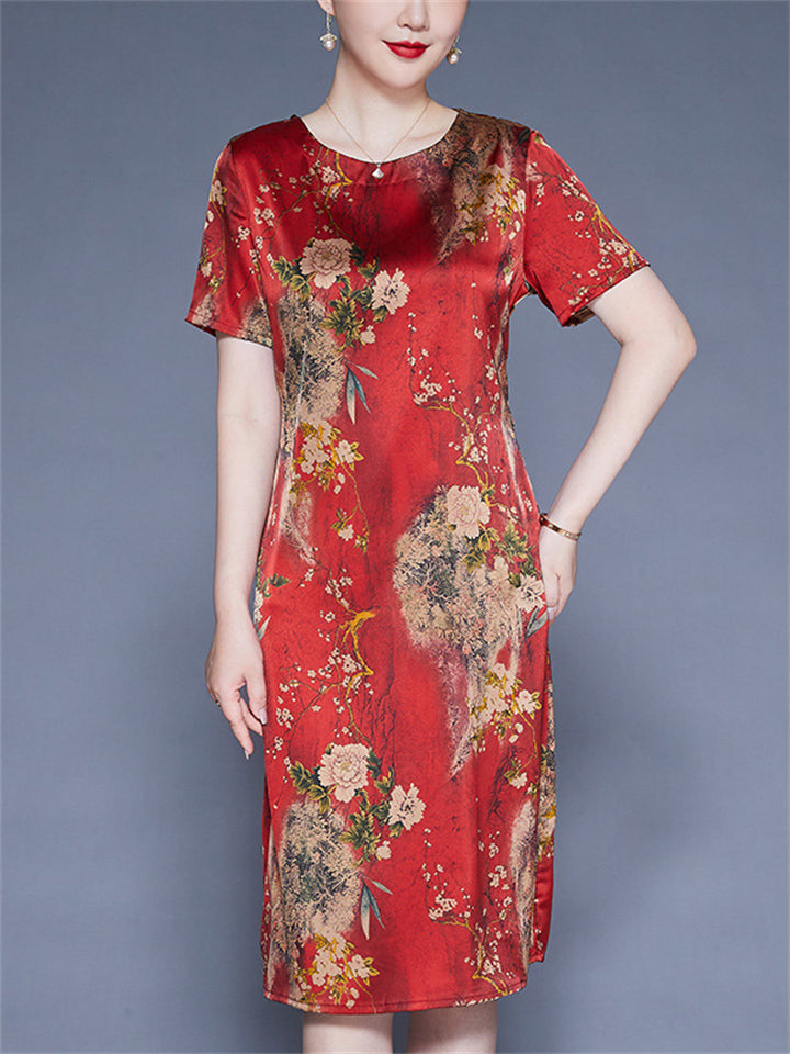 Flower Print O-neck Short Sleeve A-Line Dress for Women