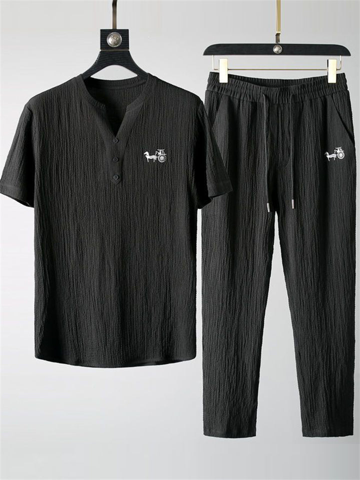 Men's 2Pcs Cool Texture Embroidered Short Sleeve Solid Color Outfits