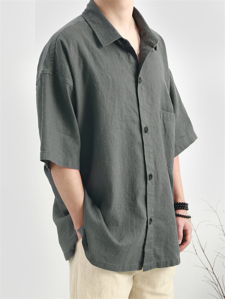 Men's Summer Casual Ramie Cotton Solid Color Pocket Lapel Shirts