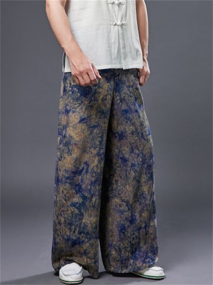 Loose Men's Chinese Style Zhua-Ran Linen Wide Leg Straight Pants