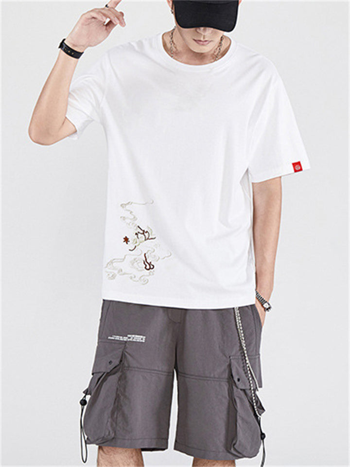 Men Cotton Phoenix Embroidery Vogue Half Sleeve Shirts