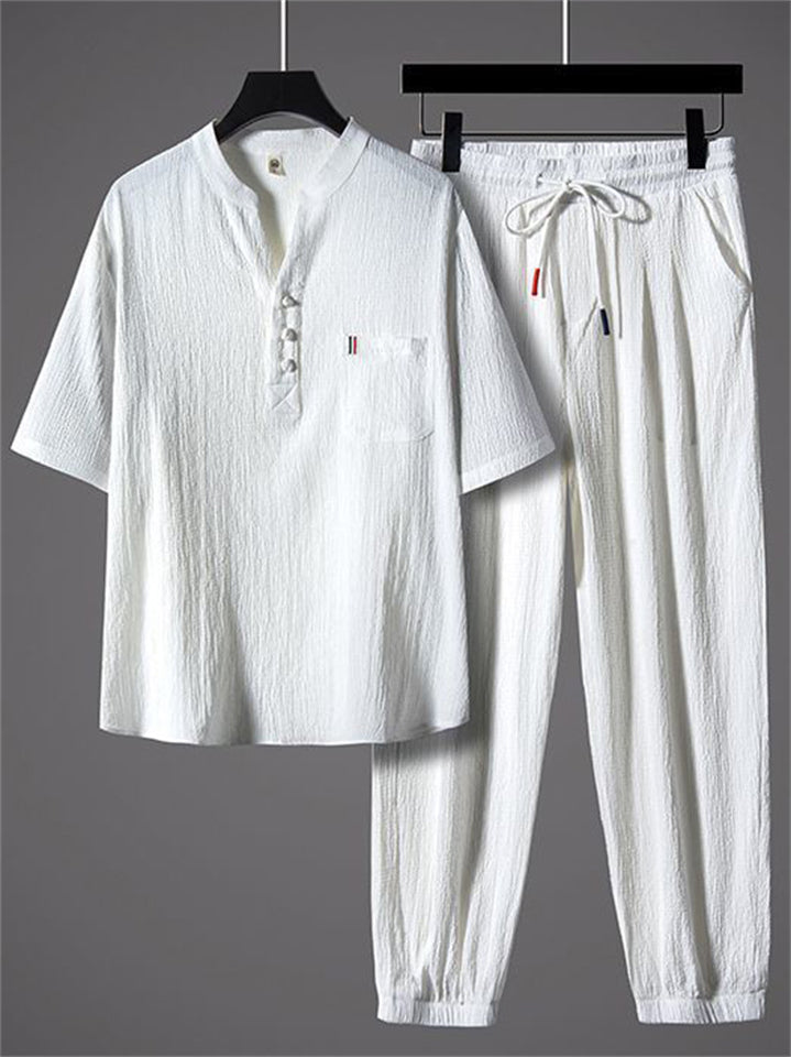 Men's 2Pcs Summer Comfy Frog Button V Neck Solid Color Outfits