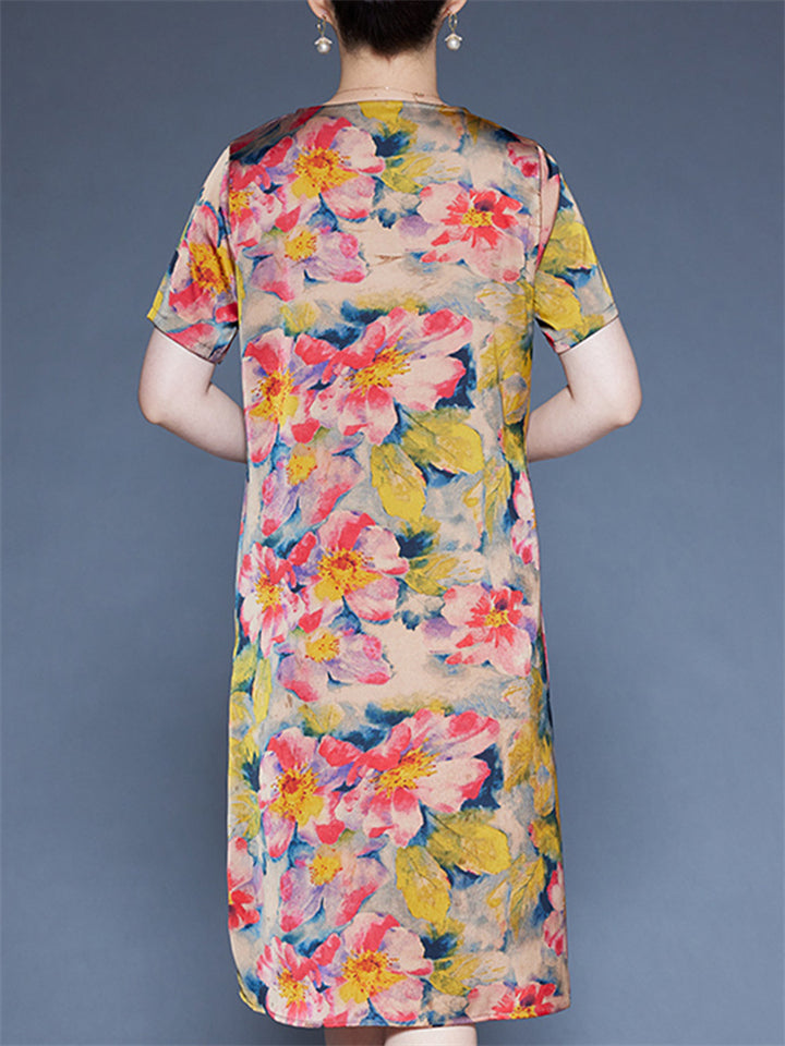 Flower Print V-neck Short Sleeve A-Line Dress for Women