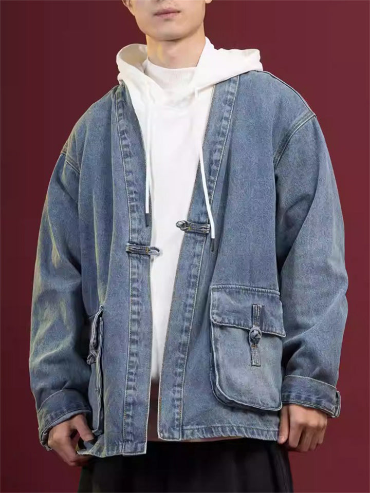 Men's Solid Color Long Sleeve Collarless Cardigan Denim Jacket