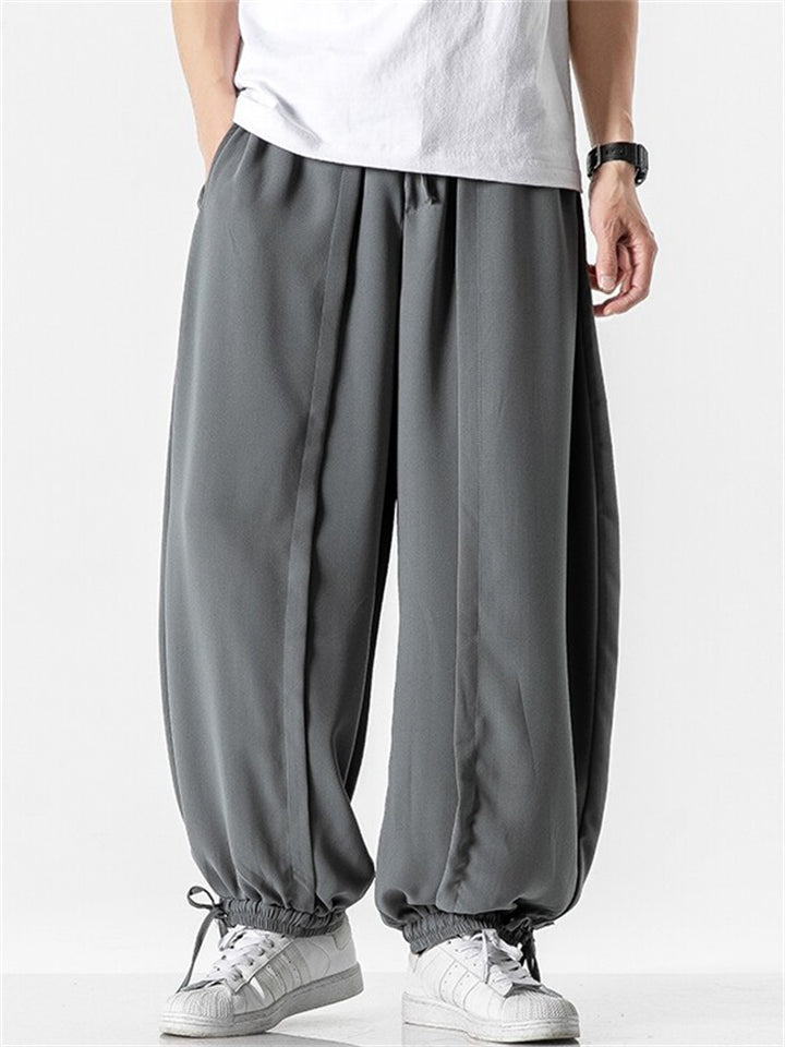 Men's Summer Solid Color Wide Leg Ankle-Tied Bloomers Pants