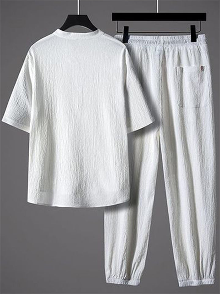 Men's 2Pcs Summer Comfy Frog Button V Neck Solid Color Outfits