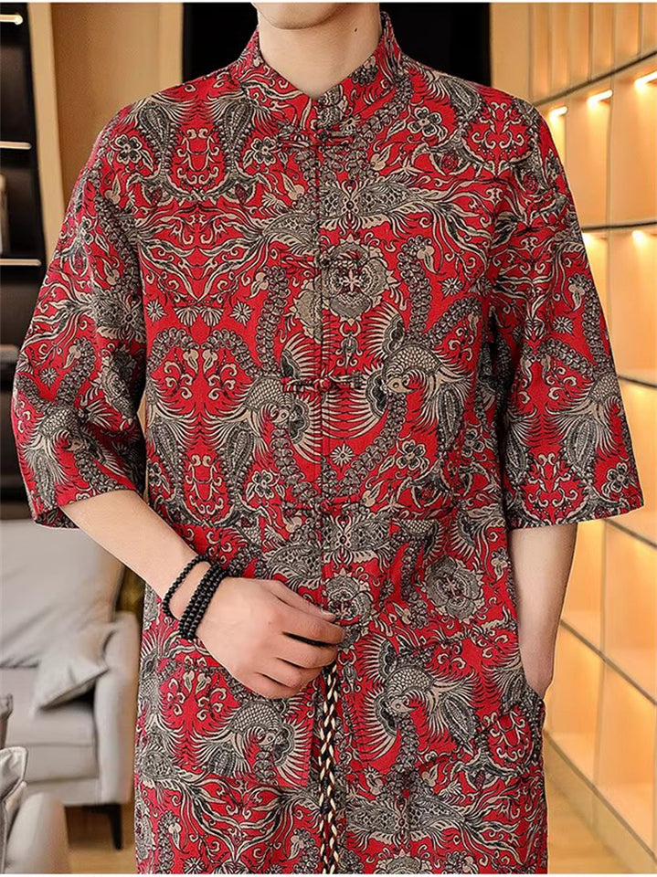 Men's 2-Piece Summer Print Half Sleeve Stand Collar Shirt& Pants Set
