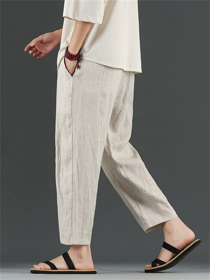 Men's Simple Chinese Style Solid Color Linen Straight Cropped Pants
