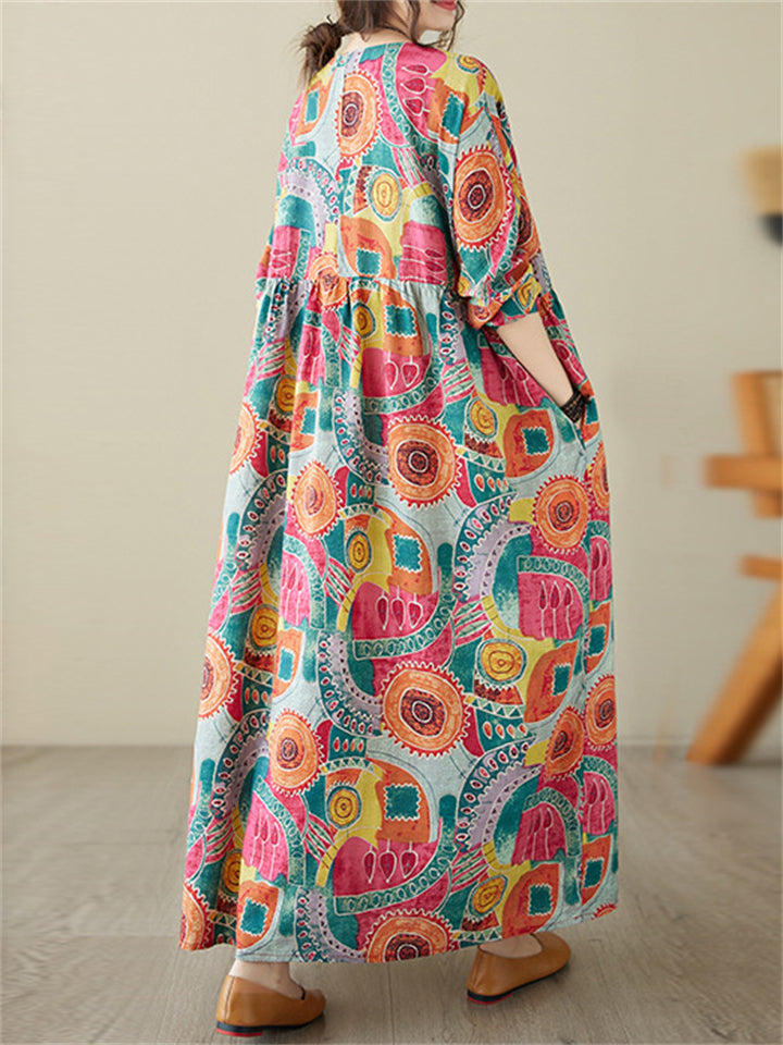 Female Tree Rings Meadows Printed Round Neck Maxi Dress