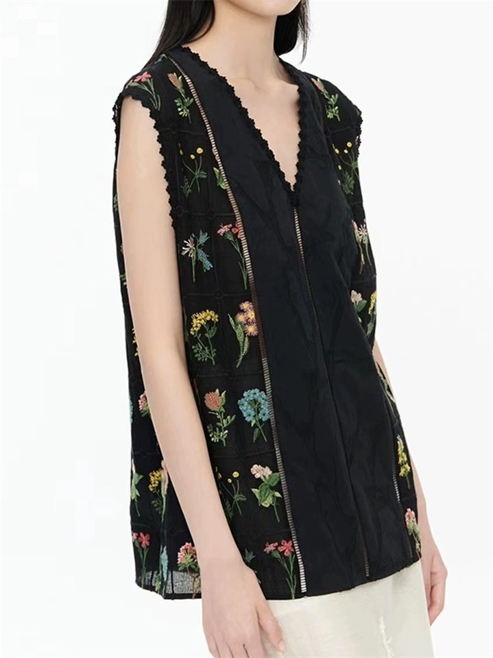 Female's Black Plants Embroidered Jacquard Sleeveless Vest