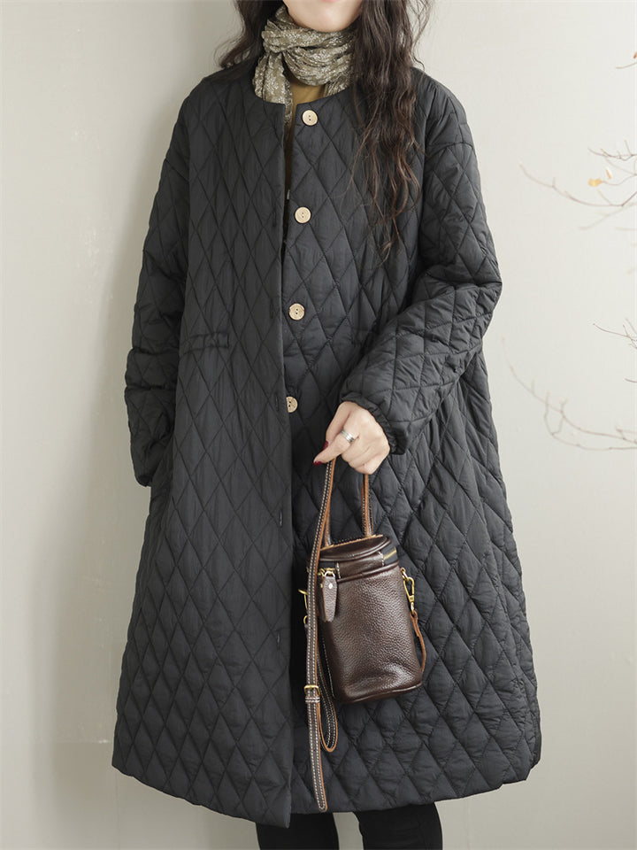 Loose Diamond Quilted Mid Length Long Sleeve Coat for Women
