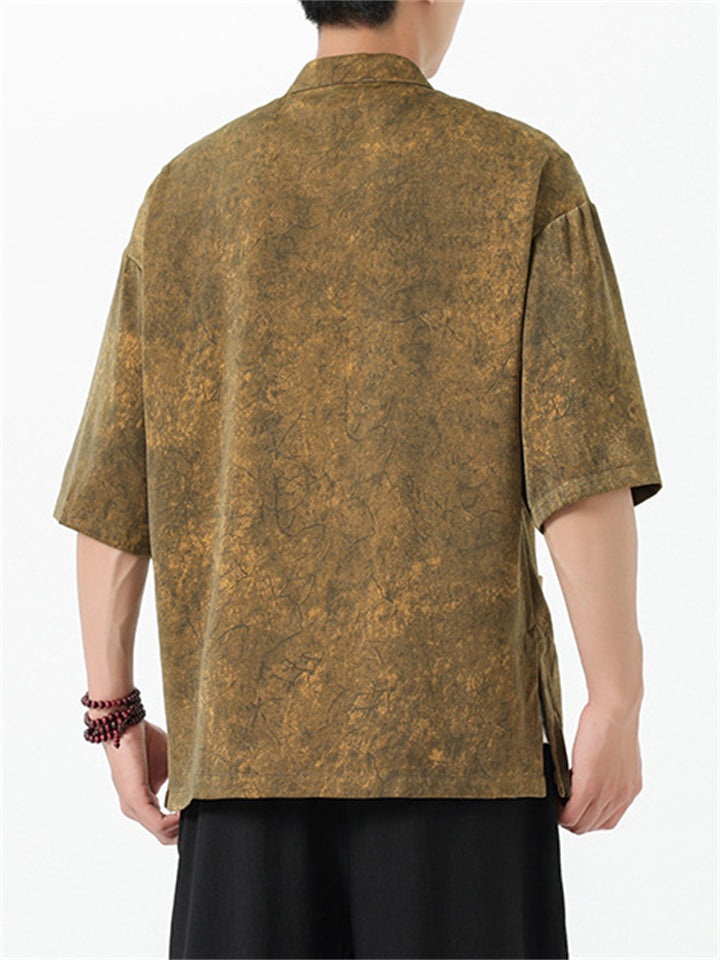 Men's Texture Print Stand Collar Half Sleeve Tang Suit Shirts