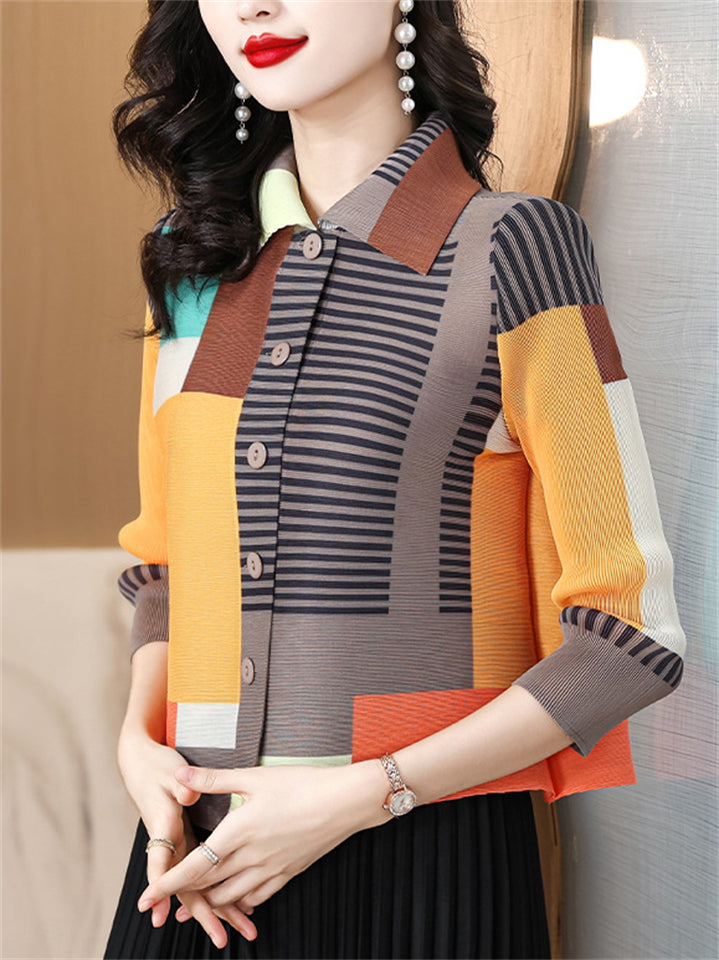 Female's One Size Elegant Striped Contrast Color Lapel 3/4 Sleeve Shirts