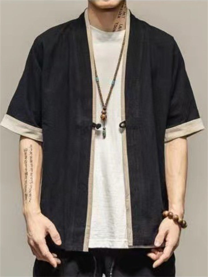 Loose Contrast Color Half Sleeve Cardigan Shirt for Men