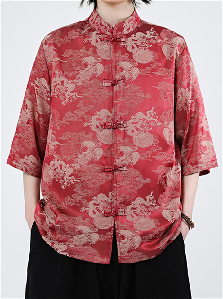 Loose Oriental Style Loongfeng Jacquard Half Sleeve Shirt for Men
