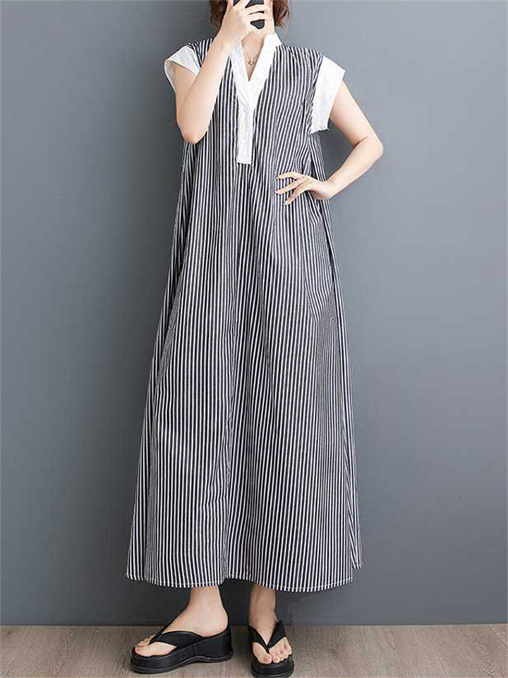 Female V-Neck White Collar Sleeve Trim Striped Dresses