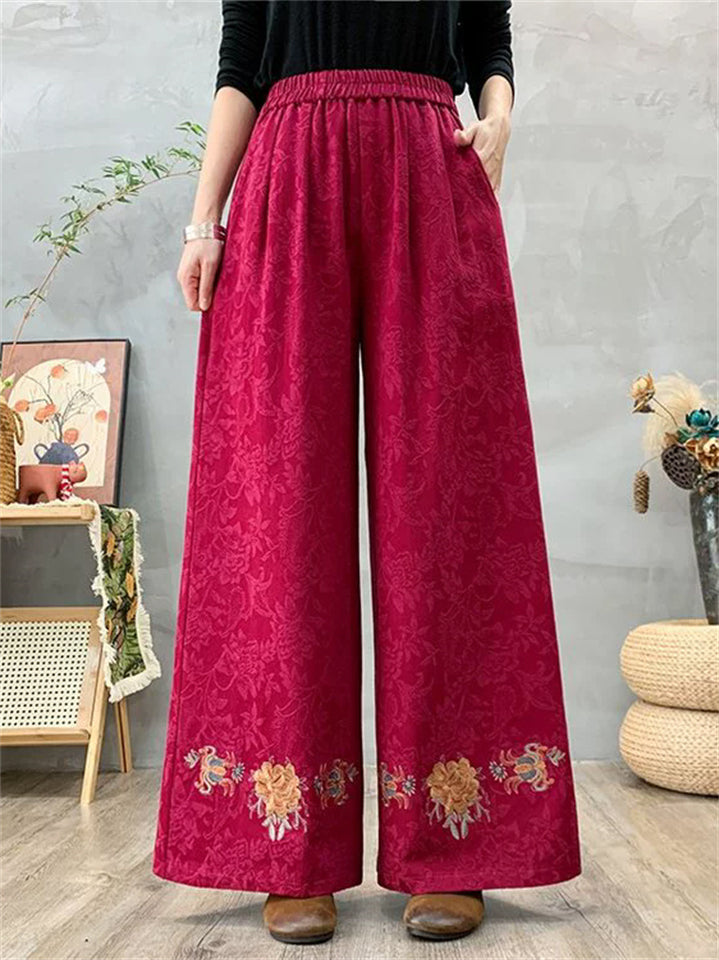Women's Elegant Ethnic Style Heavy Industry Embroidery Wide Leg Pants