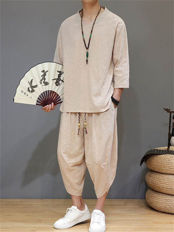 Men's 2Pcs Retro Chinese Style Casual Solid Color 3/4 Sleeve V Neck Outfits