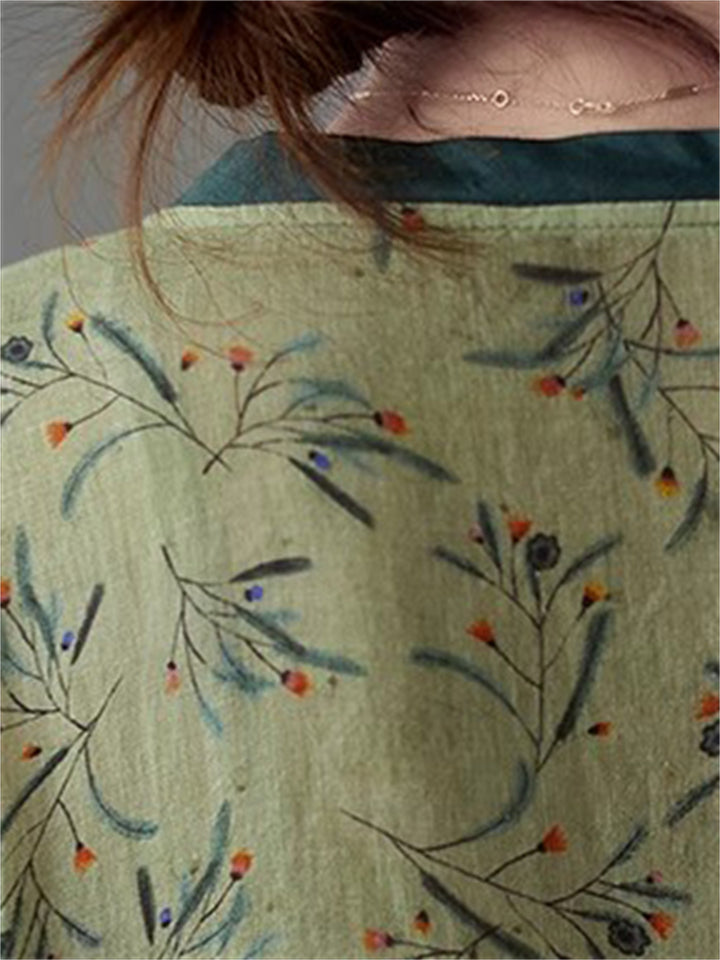 Female Retro Print V Neck Short Sleeve Linen Loose Dress