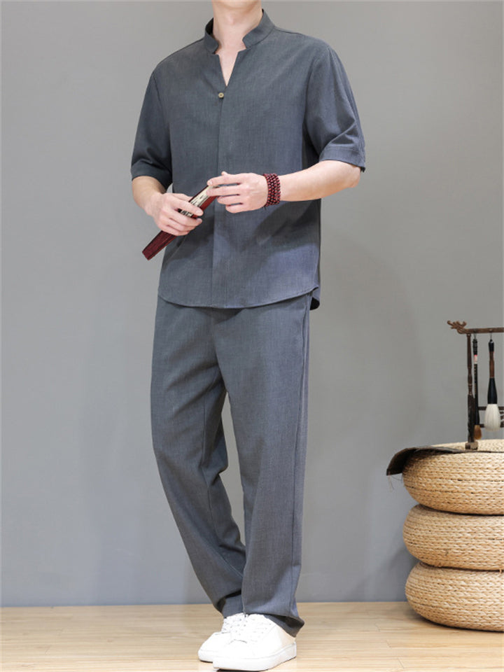 Men's 2Pcs Comfy Stand Collar V Neck Short Sleeve Solid Color Outfits