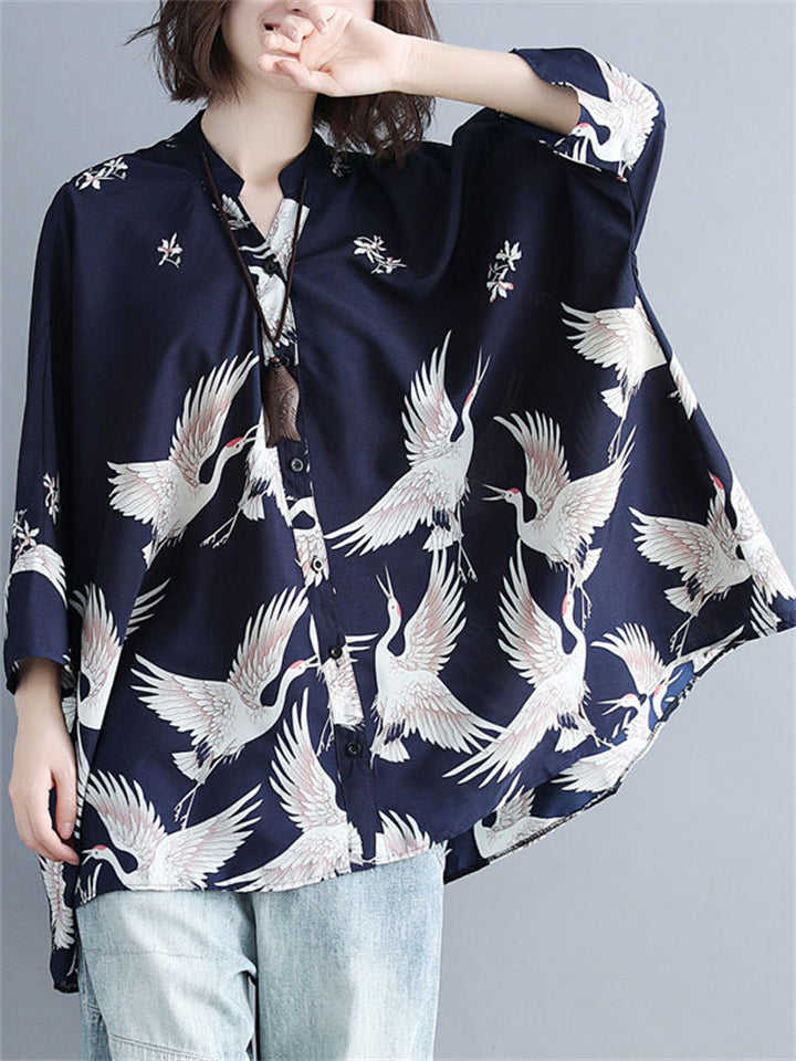 Irregular Loose Cranes Printed Chiffon Shirts