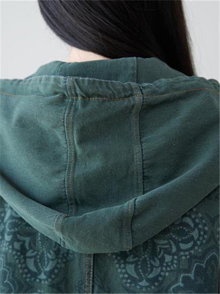 Free Size Hooded Printed Single Breasted Jacket