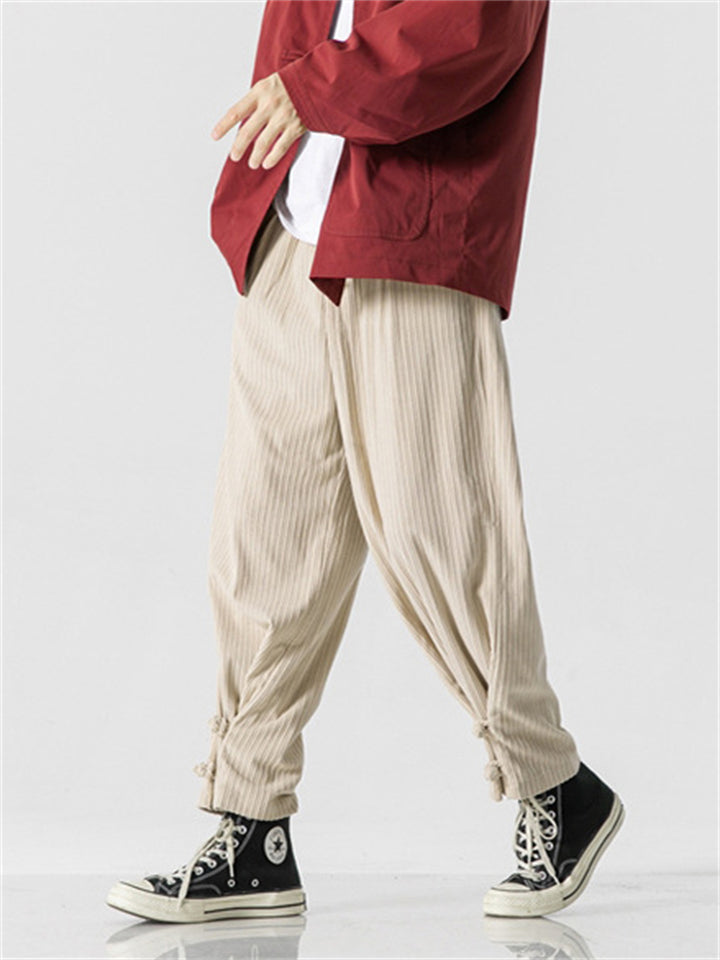 Men's Striped Textured Knot Button Ankle Tie Pants