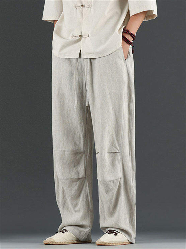 Men's Casual Chinese Style Solid Color Linen Drawstring Scimitar Pants