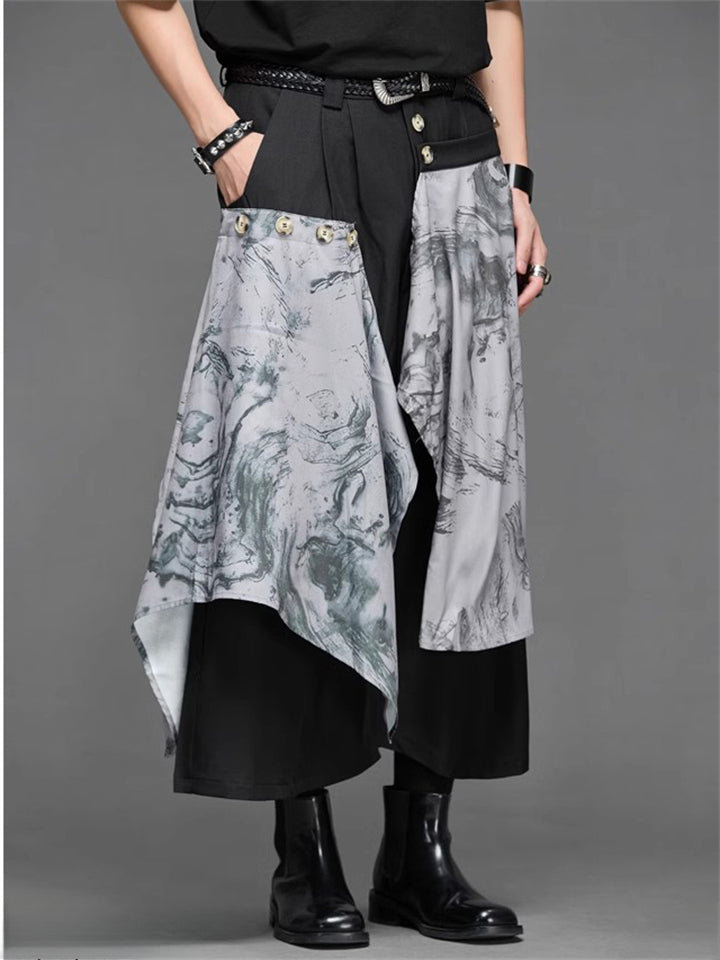 Japanese Style Contrast Color Patchwork Wide Leg Cropped Pants for Men