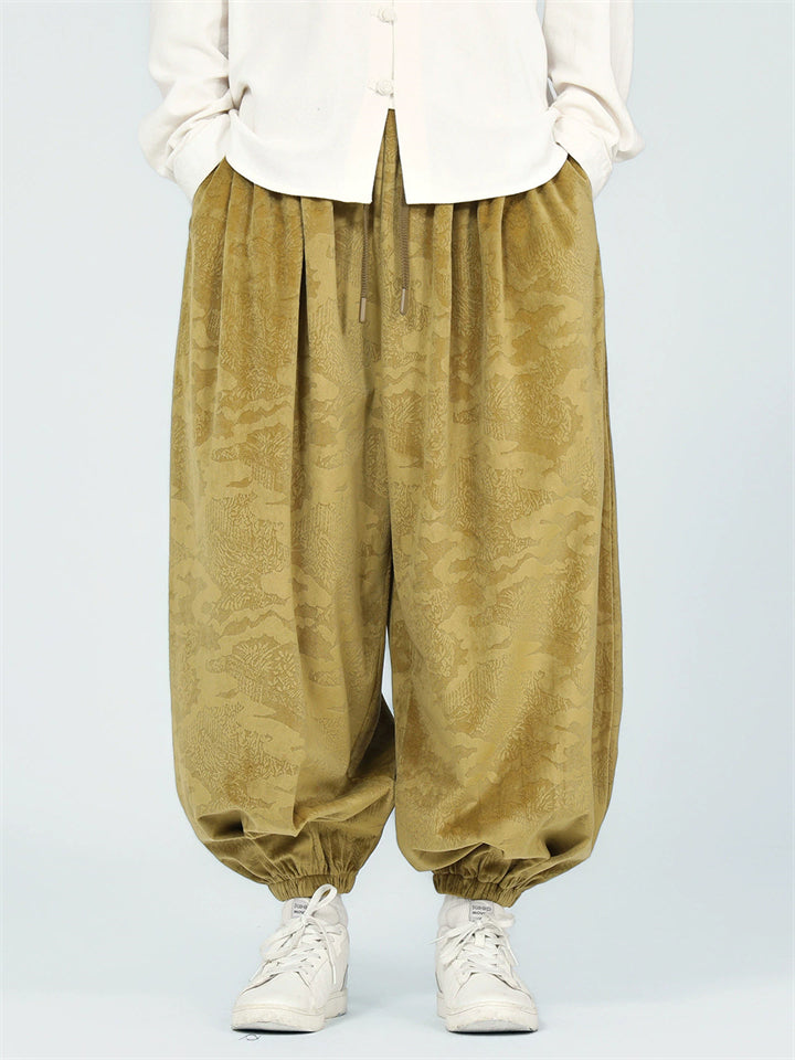 Male's Chinese Style Retro Solid Color Jacquard Wide Leg Bloomers Pants