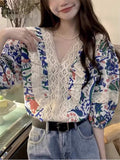 Women's French Style Summer Printed Lace Patchwork Puffed Sleeve Shirts
