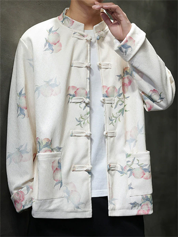 Men's Autumn Peaches Print Stand Collar Tangsuit Cardigan Jackets