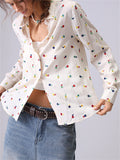 Women's French Style Flowers Embroidery Cotton Lapel Shirt